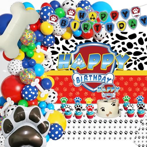 Paw Balloons Garland Arch Kit wtih Backdrop and Tablecloth, Include Including Happy Birthday Backdrop Tablecloth Banner Cake Toppers Balloon Garland Arch Kit