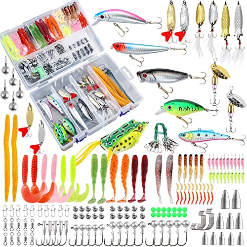 TCMBY 327PCS Fishing Lures Tackle Bait Kit Set for Freshwater Fishing Tackle Box with Tackle Included Fishing Gear and Equipment, Crankbait, Soft Worm, Spinner, Spoon, Topwater, Hook for Bass Trout.