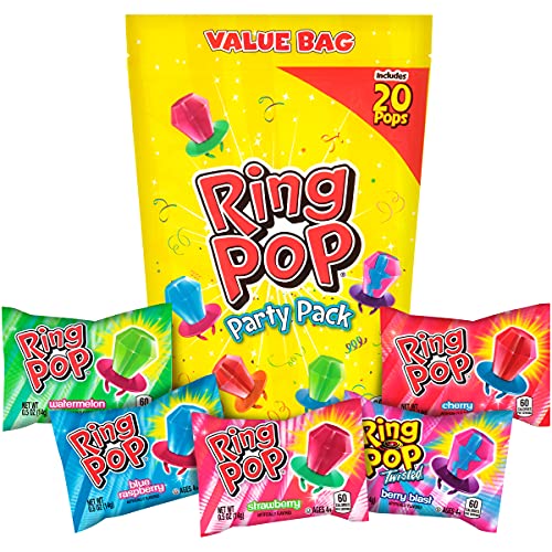 Ring Pop Individually Wrapped Back to School Bulk Lollipop Variety Party Pack – 20 Count Lollipop Suckers w/ Assorted Flavors - Fun Candy/Supplies for School Treats & Care Packages