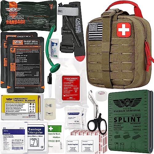 EVERLIT Advanced Emergency Trauma Kit, CAT GEN-7 Tourniquet Mil-Spec Nylon Laser Cut Pouch with 36' Splint, Military Combat Tactical IFAK for First Aid Response Bleeding Control (Coyote Brown)