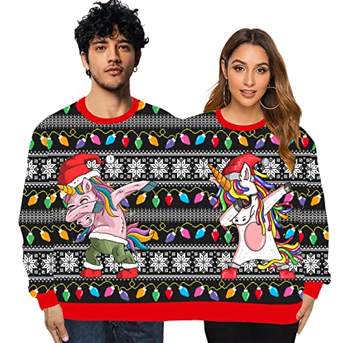 GRAJTCIN Men's and Women's Two Person Ugly Christmas Sweater Funny 3D Printed Couple Sweatshirt Adult Jumper (Unicorn)