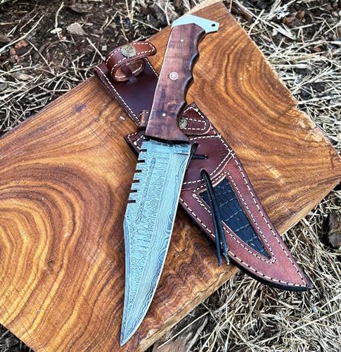 Handmade Damascus Bowie Knife For Hunting Skinning Outdoor Damascus Steel Survival Hunting Knife With Horizontal Carry Sheath 12 INCH Fixed Blade Damascus Hunting Belt Knife for Camping, Bushcraft Ergonomic Rose wood Handle | Cool Knives For Men Tactical (Rose Wood)