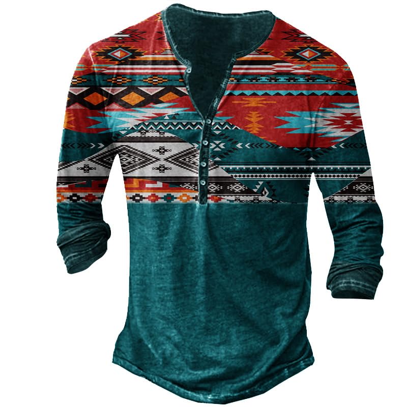 Men Stylish V Neck Sport Shirt Long Sleeve Digital Print Loose Fit Button Top Classic Vintage Stitching Shirt (Color 4,X-Large)