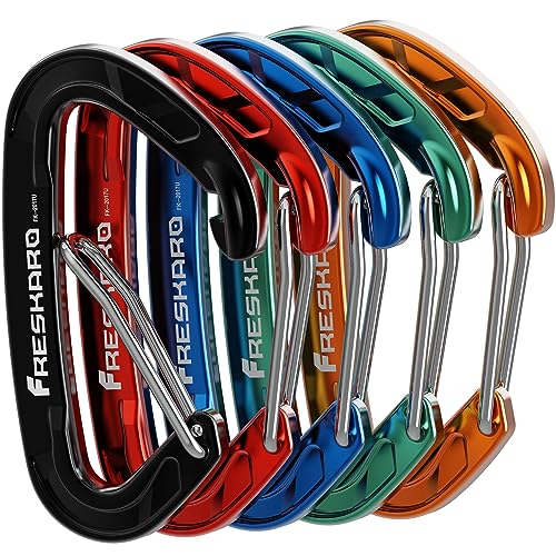 FresKaro caribeener Clips, Wire gate Carabiner Heavy Duty, Small Mini Caribeaner Wiregate Hooks, Lightweight, 5 Pack, for Keychain, Key, Belt Holders, Outdoor, Backpack, Gym, 5 Colors