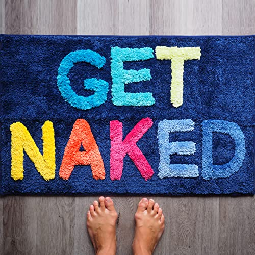 Evovee Get Naked Bath Mat Funny Cute Bathroom Rugs Blue Rainbow Multicolor Colorful Get Naked Rug Shower Bathroom Decor Fun Bath Mat Non-Slip Washable