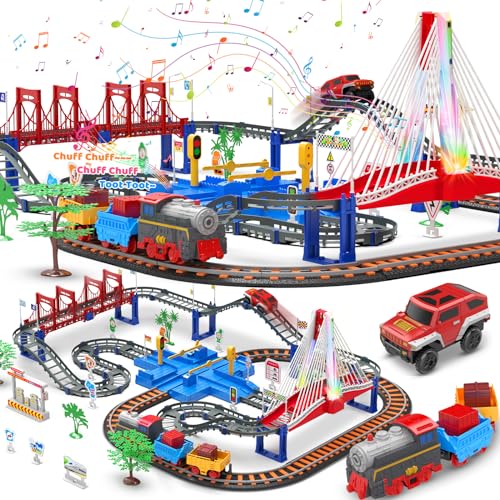 Cusocue Train Car Sets for Toddlers, Train Track Set with LED Bridge, Electric Car and Train Sets Toys for Boys 3 4 5 6 7 8 9 10 11 12 Year Old Kids, Train Toy Machine Kids Christmas Birthday Gifts