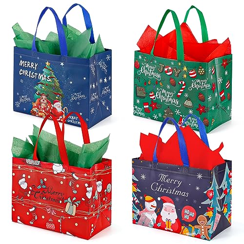 YANGTE 12 Pack Large Christmas Gift Bag Reusable Tote Bags with Handle, Non-Woven Christmas Bag for Holiday Xmas Event Party