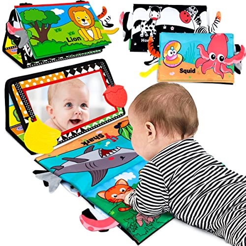 Aboosam Baby Toys 0-6 Months - Tummy Time Mirror Toys with Cloth Books & Teethers - Montessori Infant Toys for Babies 0 3 6 9 Months - High Contrast Newborn Sensory Toy for Boys Girls Baby Gift