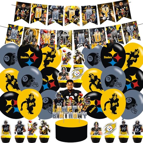 Steelers of Pittsburgh Football Birthday Party Decorations Includes Steelers Happy Birthday Banner-Cupcake and Cake Topper-Balloons for Fans and Kids Birthday Party Supplies