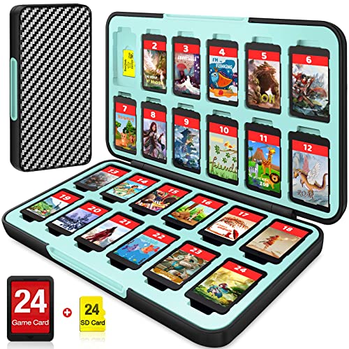 CYKOARMOR Switch Game Case 24 Compatible with Nintendo Switch Game Cards and 24 Memory Cards, Portable Switch Game Holder, Hard Shell, Soft Lining&Magnetic Closure, Stripe Black Blue