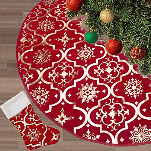 Flash World 48 Inch Large Christmas Tree Skirt Xmas Soft Cover Mat Decor Snowflake Collar Farmhouse Tree Skirt for Holiday Ornaments Party Home Indoor Decorations