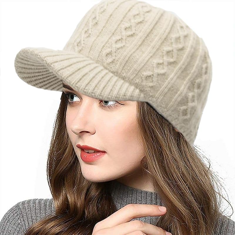 YCMI Men Baseball-Cap Winter Knitted Beanie for Women - Wool Blend Cable Knit Visor Hat with Brim Skullies Cap (US, Numeric, 7, 7 1/2, Beige)
