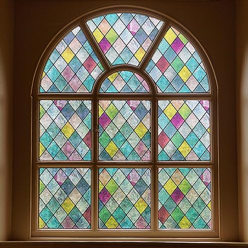FEOMOS Stained Glass Window Film, Window Privacy Films, Colorful Lattice Window Tint, Rainbow Glass Decals Stickers for Home Anti UV 17.3 x 78.7 inches