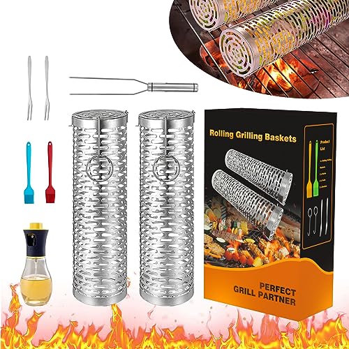 Grill Basket 2 PCS, Rolling Grill Baskets for Outdoor Grill BBQ Grill Basket, Round Stainless Steel Grill Mesh Barbeque Grill Accessories, Camping Grill for Grilling Meat, Vegetables, Chips, Fish,Shrimp, Multipurpose Portable Outdoor Picnic Cookware (3.53*11.81 (in))