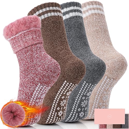 HUGSWEET Thermal Socks, Anti Slip Hospital Socks Plush Slipper Grip Socks Women Winter Soft Warm Cozy Socks Fluffy Socks For Christmas 4 Pairs（Multicolor-D1）