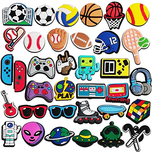 IOKUKI Shoe Charms for Boys, Teens, 35 PCS, Basketball Football Soccer Volleyball Baseball Shoe Charms, Video Game,Astronaut and Sports Shoe Pins for Boys