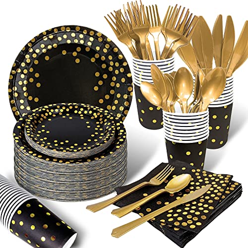 175PCS Black and Gold Party Supplies, Severs 25 Disposable Party Dinnerware Gold Plastic Forks Knives Spoons and Golden Dot Black Paper Plates Black Napkins Cups for New Years Graduation Birthday