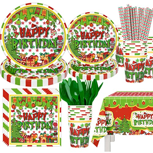 194PCS Christmas Birthday Party Decorations Christmas Disposable Dinnerware Set for 24 Guests Christmas Birthday Plates and Cups,Cutlery,Tablecloth,Straws for Christmas Birthday Themed Party Supplies