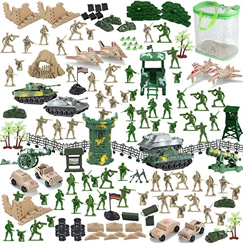 Nasidear 150 Piece Military Figures and Accessories - Toy Army Soldiers in 2 Colors, 14 Design Vehicle,War Soldiers Playset with 2 Flags and Battlefield Accessories