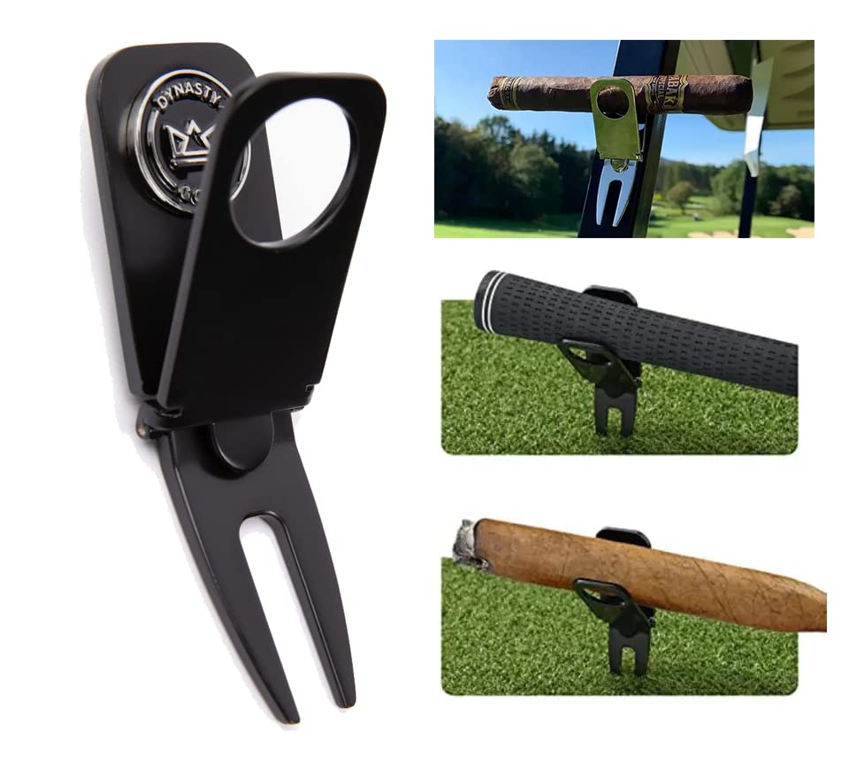 Golf Cigar Holder Golf Cart - Magnetic Golf Cart Cigar Holder Clip Keeps Your Cigar Safe - 6 in 1 Golf Divot Tool and Ball Marker - Cigar Clamp Golf Cart