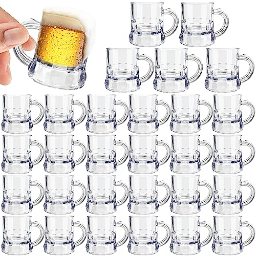 Irrmshr 30 Pcs Mini Plastic Beer Mugs,1 oz Clear Plastic Beer Glasses,Shot Glasses with Handles,Reusable Beer Stein Tasting Glasses Whiskey Juice Cups for Drinking Beer Festival Party BBQ