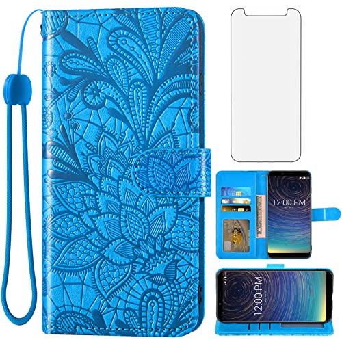 Asuwish Phone Case for Coolpad Legacy S/SR with Tempered Glass Screen Protector and Lace Wallet Cover Flip Card Holder Stand Kickstand Cell Accessories Cool Pad CP3648 3648A CP3320AS2 Women Men Blue