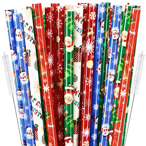 JANYUN 30 Pieces Christmas Drinking Straws BPA-Free 9inch Printing Hard Plastic Reusable Straws Xmas Balls Snowflake Elk Straw for Family Party Favors Supplies Cleaning Brush