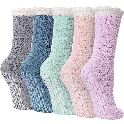 LINEMIN Non Slip Fuzzy Socks for Women Cozy Hospital Socks Soft Fluffy with Grips Socks Winter Warm Slipper Socks (5 Pairs Mix Patchwork fuzzy Socks)
