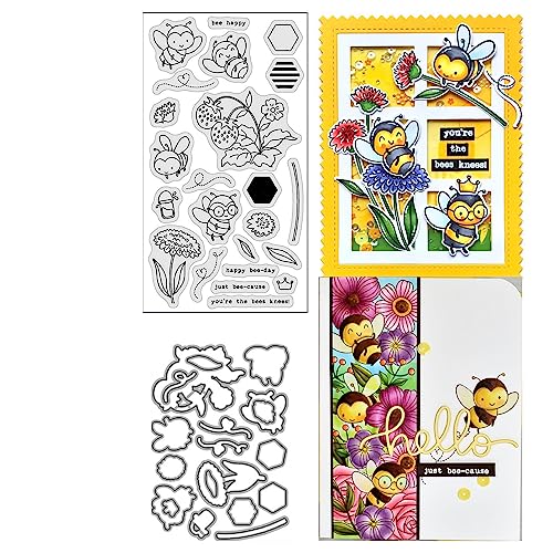 Bees and Strawberries and Sunflowers Stamps and Dies Set for Card Making,Clear Stamps and Metal Cutting Dies Sets for Scrapbooking DIY Album Card Making Supplies