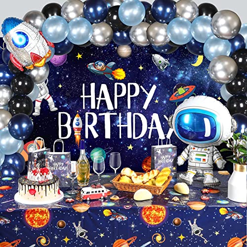 Outer Space Birthday Party Decoration Set, 1 Outer Space Solar System Galaxy Planet Happy Birthday Backdrop Banner, 2 Tablecloth Cover, 44 Balloons for Kids Outer Space Theme Birthday Party Supplies