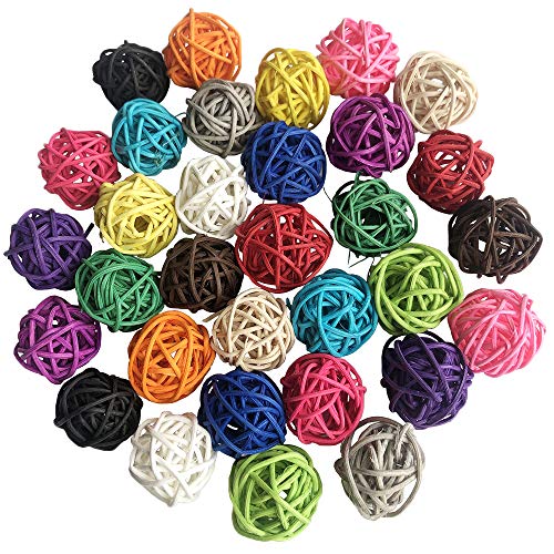 Benvo Rattan Balls 32 Pack 1.2 inch Wicker Ball Birds Quaker Parrot Parakeet Chewing Pet Bite Ball for Budgies Conures Hamsters Ball Orbs Crafts DIY Accessories Vase Fillers (Multi-Colored)