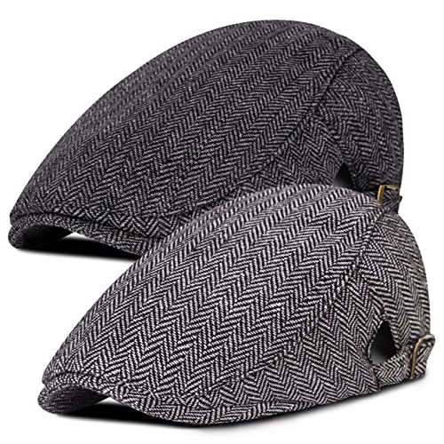 2 Pack Newsboy Hats for Men Classic Herringbone Tweed Wool Blend Flat Cap Ivy Gatsby Cabbie Driving Hat Black/Dark Grey
