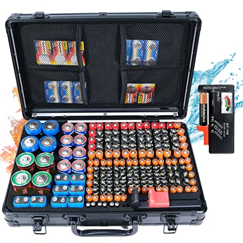 Fireproof Battery Organzer case for 200 Batteries Storage with BT-168 Tester, Hard Aluminum Battery Caddy Box Fireproof Water-Resistant Carrying case Bag for aa AAA C D 9V Cell Batteries(no Battery)