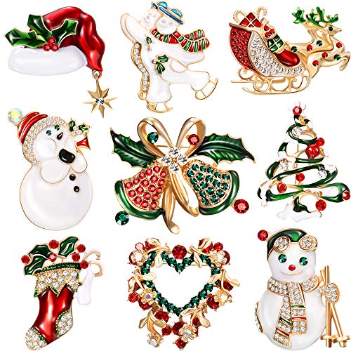 9 Pieces Christmas Pin Brooch for Women Rhinestone Crystal Xmas Element Pins Snowman Bells Christmas snowman Trees Jewelry Pins for Xmas Decorations (Classic Style)