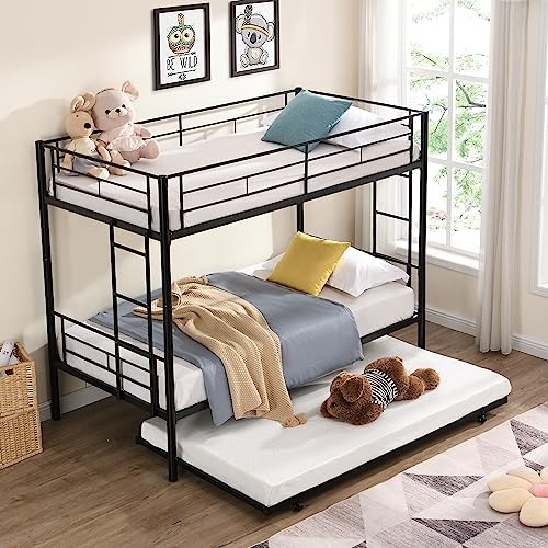 Oudiec Twin Over Twin Bunk Bed with Trundle for Boys/Girls/Teens/Kids Bedroom, Sturdy Steel Bedframe w/Guardrail & Ladder for Adult, Dormitory, Space Saving Design,No Box Spring Needed,Black
