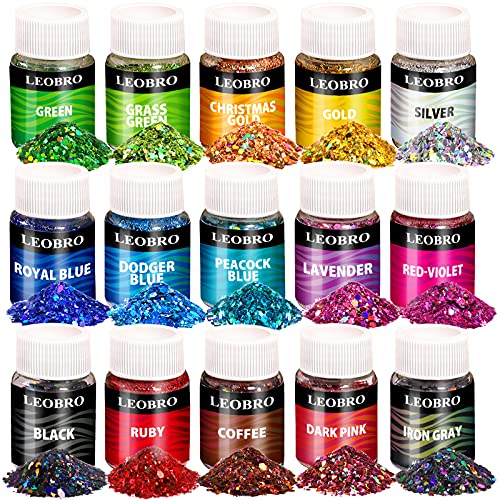 LEOBRO Holographic Chunky Glitter, 15 Colors Glitter, Craft Glitter for Resin, Nail Glitter, Festival Cosmetic Hair Face Body Glitter, Glitter Flakes Sequins for Epoxy Resin Tumbler DIY Arts Crafts