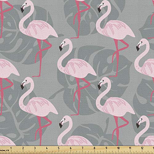 Ambesonne Flamingo Fabric by The Yard, Faded Island Jungle Tree Leaves Pink Birds Hawaii Wildlife Nature Inspirations, Decorative Fabric for Upholstery and Home Accents, 1 Yard, Grey Pink