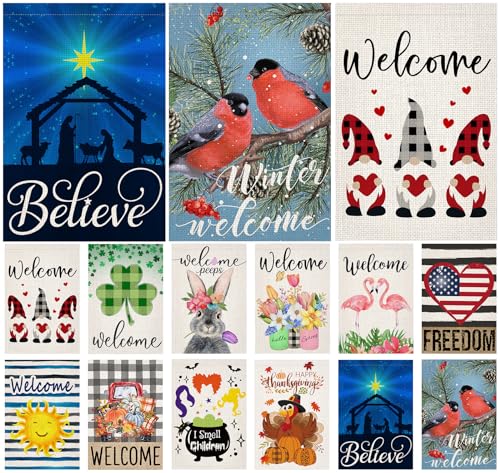 Doncida 12pcs Seasonal Garden Flags Set Double Sided Burlap 12x18 Inch Welcome Fall Halloween Holidays Garden Flag, Small Yard Flag for Outdoor Decorations