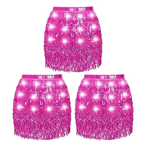 3 Pcs Light Up Sequin Skirt LED Tassel Fringe Hip Scarf Skirt Belly Dance Skirt Glitter Skirt for Women Rave Party(Pink)