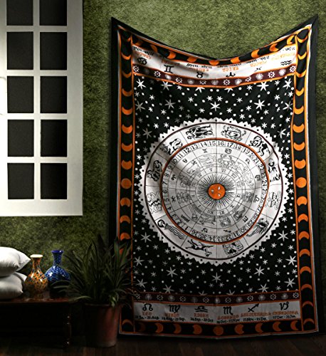RAJRANG Cotton Zodiac Sun Moon Tapestry Celestial Black and White Constellation Tapestry for Wall Hanging Decor 84x54 Inches