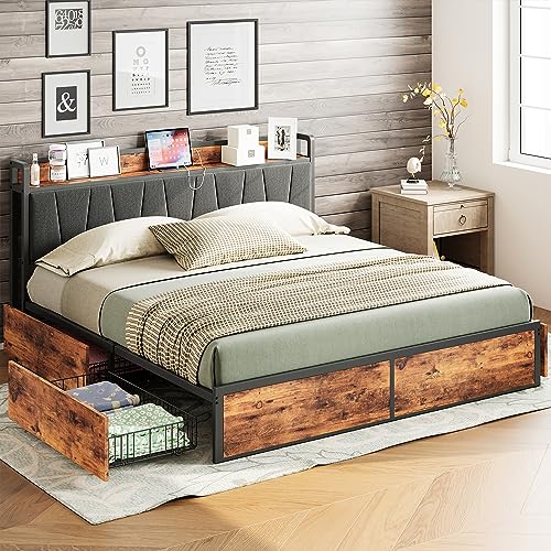 LIKIMIO King Bed Frame with 4 Storage Drawers, Platform Bed with Charged Headboard, Sturdy and Stable, No Noise, No Box Spring Needed, Easy to Install