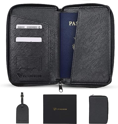 RFID Blocking Waterproof Passport Holder & Luggage Tag Set with Zipper Closure & Sim Pockets | Lightweight PU Leather for Men & Women | Travel Wallet Organizer | Black