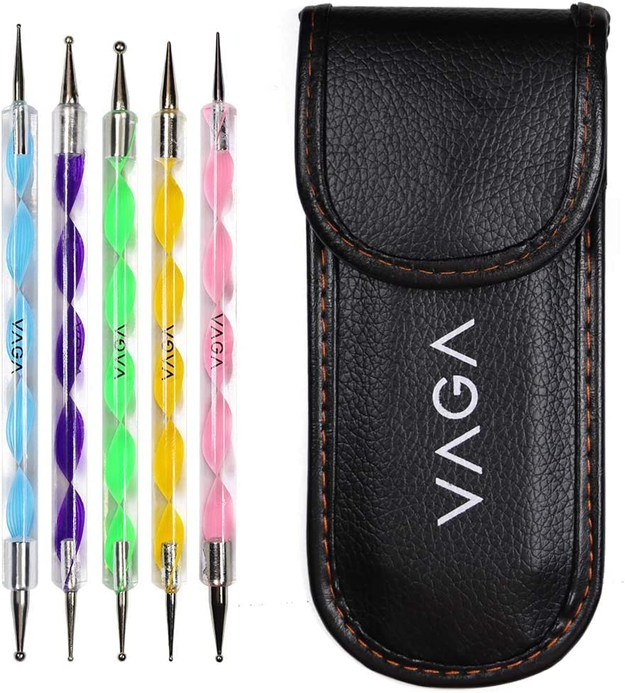VAGA Mandala Dotting Tools For Nails Premium Quality Professional Nail Kit Of 5 Colorful Double Ended Nail Art Dot And Marbling Tools Accessories With 10 Dot Sizes Packed In A Black Pu Case