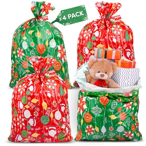 Large Christmas Gift Bags - Set of 4 Xmas Presents 36”x44” Jumbo Extra Large Christmas Gift Bags Wrapping - Giant Gift Bags for Huge Gifts - Big Gift Sack Set