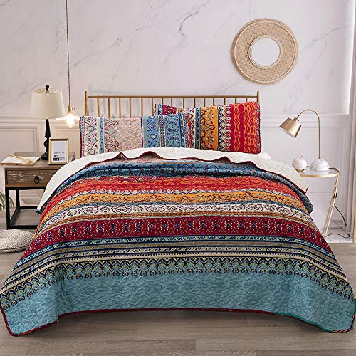 Bohemian Quilt Set King Size, Boho Striped Printed Bedding Bedspread Coverlet Set for Summer, Lightweight Microfiber Quilts with 2 Pillowcases 104'x90' (3 Pieces, Colorful)