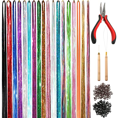 NIACONN 18 Colors Hair Tinsel Kit, 48 Inch 3600 Strands Glitter Tinsel Hair Extensions for Girls Womens Christmas New Year Halloween Cosplay Party