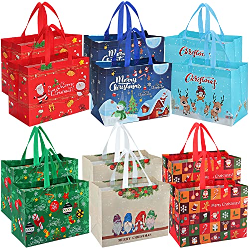 Colovis 12PCS Christmas Gift Bags, 12.8 x 9.8 x 6.7 Inches Reusable Christmas Tote Bags with Handles Large Non-Woven Christmas Treat Bags for Gifts Wrapping Shopping, Xmas Party Supplies