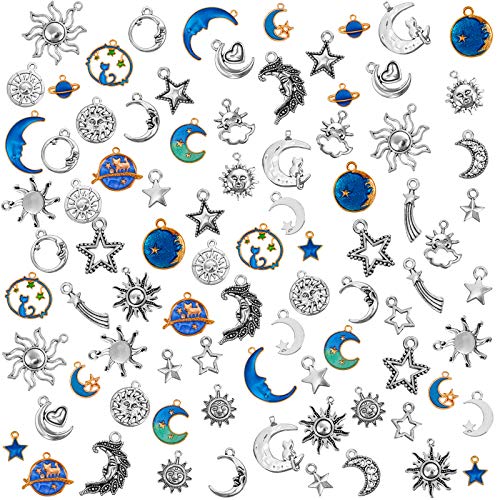 108 Pieces Jewelry Charms, Mixed Antique Silver Sun Stars Moon Charms Pendants, Assorted Gold Plated Enamel Cat Moon Star Celestial Charm Pendant for Earrings Necklace Jewelry Crafting (Blue)