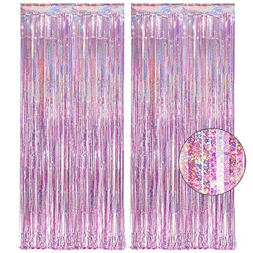 Pink Tinsel Curtain Party Backdrop - GREATRIL Foil Fringe Curtain Lilac Pink Party Streamers for Birthdays Girl Princess Bachelorette Euphoria Theme Party Decorations - 2 Packs