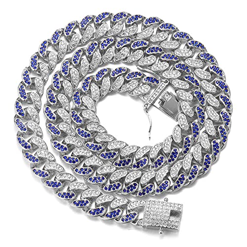 Halukakah Diamond Cuban Link for Men,14MM FUJI Men's Gold Chain Iced Out Miami Platinum White Gold Finish Choker Necklace 30',Full Diamonds Blue&Clear Prong Set,Gift for Him